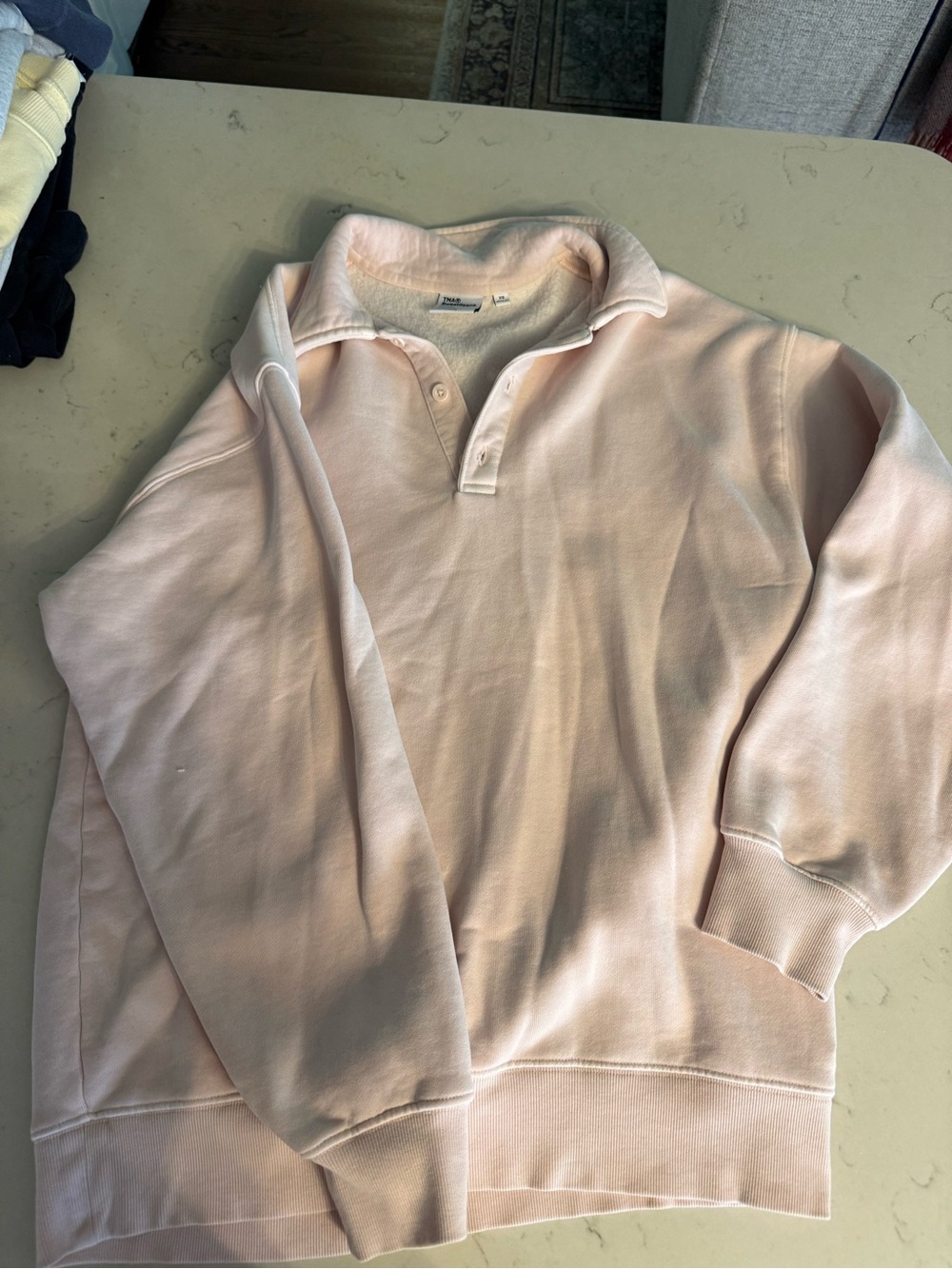 TNA Aritzia Boyfriend-Fit Quarter Button Pullover in Pale Pink